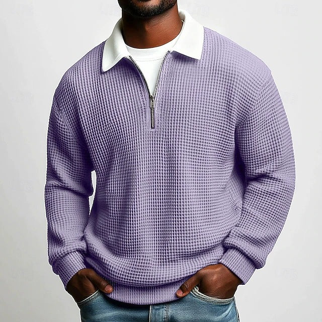 Polo homme à manches longues, col zippé, en tissu gaufré uni, idéal pour le printemps et l'automne. Parfait pour le quotidien.