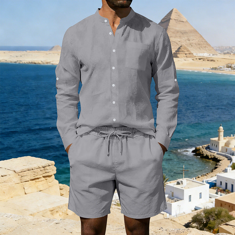 Ensemble chemise et short en lin décontracté pour homme, style été vintage, chemise à col montant, confortable et respirant, idéal pour la plage.