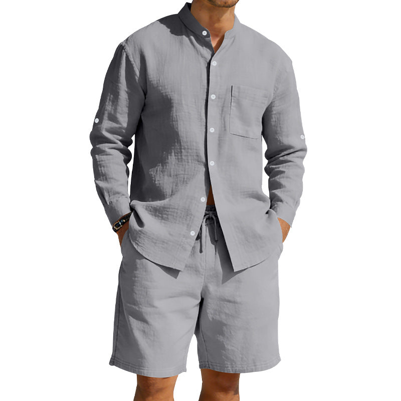 Ensemble chemise et short en lin décontracté pour homme, style été vintage, chemise à col montant, confortable et respirant, idéal pour la plage.