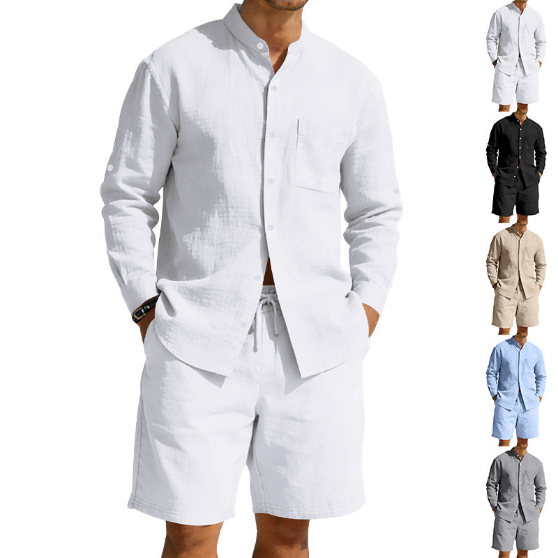 Ensemble chemise et short en lin décontracté pour homme, style été vintage, chemise à col montant, confortable et respirant, idéal pour la plage.