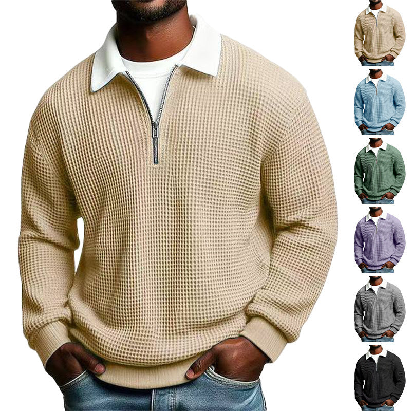 Polo homme à manches longues, col zippé, en tissu gaufré uni, idéal pour le printemps et l'automne. Parfait pour le quotidien.
