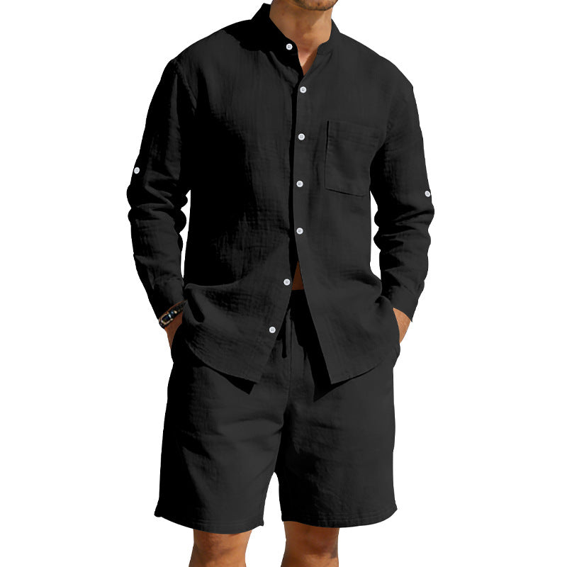 Ensemble chemise et short en lin décontracté pour homme, style été vintage, chemise à col montant, confortable et respirant, idéal pour la plage.