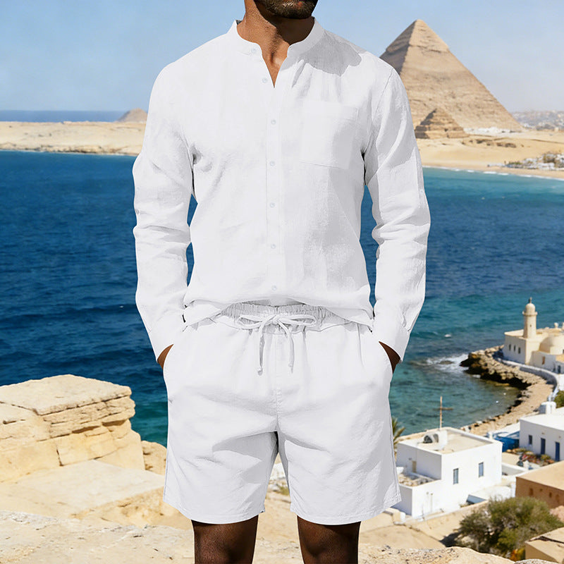 Ensemble chemise et short en lin décontracté pour homme, style été vintage, chemise à col montant, confortable et respirant, idéal pour la plage.