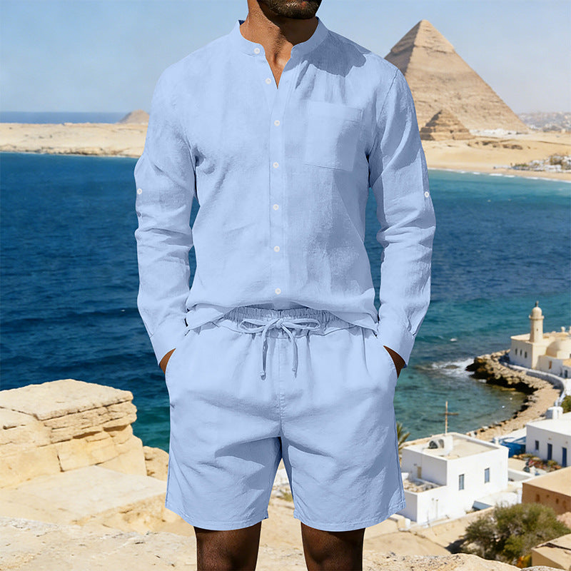 Ensemble chemise et short en lin décontracté pour homme, style été vintage, chemise à col montant, confortable et respirant, idéal pour la plage.