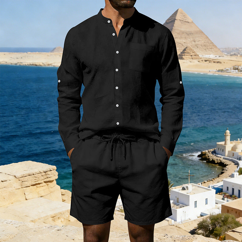 Ensemble chemise et short en lin décontracté pour homme, style été vintage, chemise à col montant, confortable et respirant, idéal pour la plage.