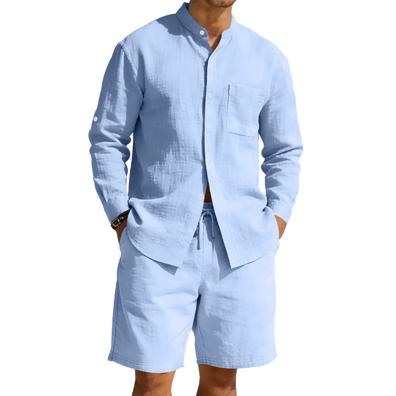 Ensemble chemise et short en lin décontracté pour homme, style été vintage, chemise à col montant, confortable et respirant, idéal pour la plage.