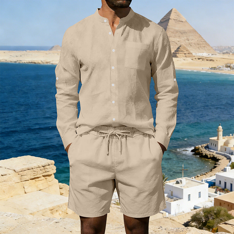 Ensemble chemise et short en lin décontracté pour homme, style été vintage, chemise à col montant, confortable et respirant, idéal pour la plage.