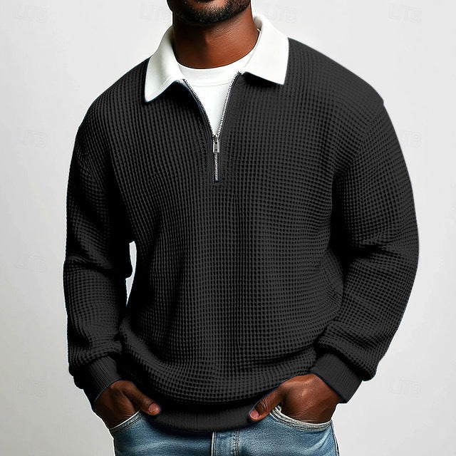 Polo homme à manches longues, col zippé, en tissu gaufré uni, idéal pour le printemps et l'automne. Parfait pour le quotidien.