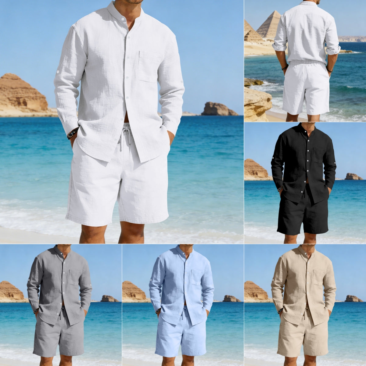 Ensemble chemise et short en lin décontracté pour homme, style été vintage, chemise à col montant, confortable et respirant, idéal pour la plage.
